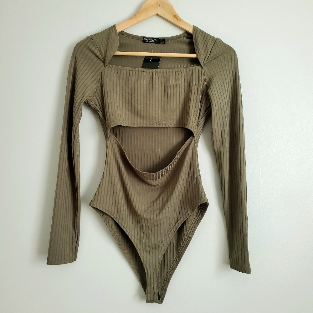 NWT Nasty Gal Long Sleeve Cutout Bodysuit Olive Green